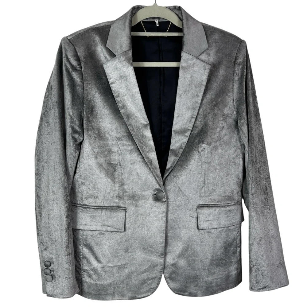FRAME Silver Metallic Tailored Blazer Size 10 Luxe Structured Statement Jacket